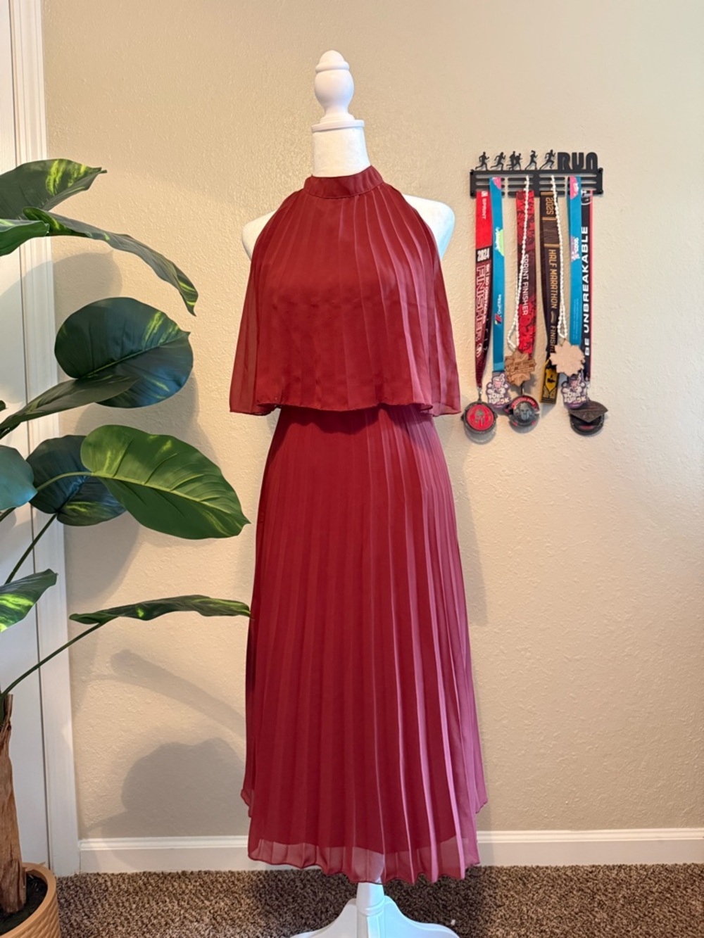 ASOS Wine Red Pleated Halter Maxi Dress